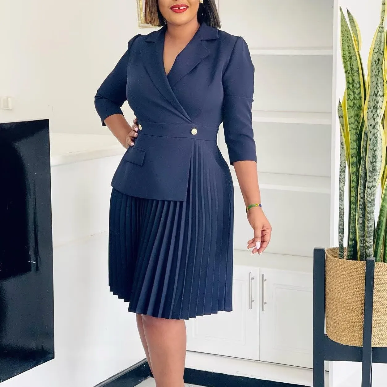 Women's Blazer Dress Office Midi Length Pleated Dresses Casual Office Work Dress