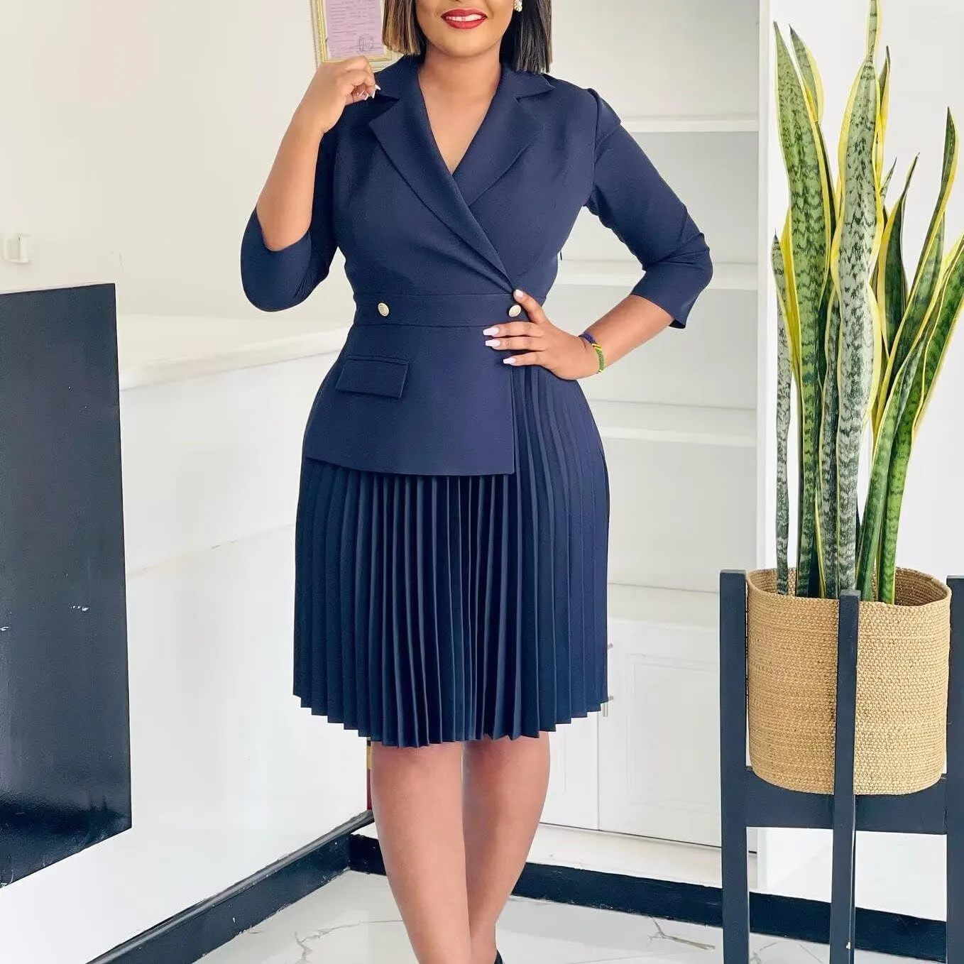Women's Blazer Dress Office Midi Length Pleated Dresses Casual Office Work Dress