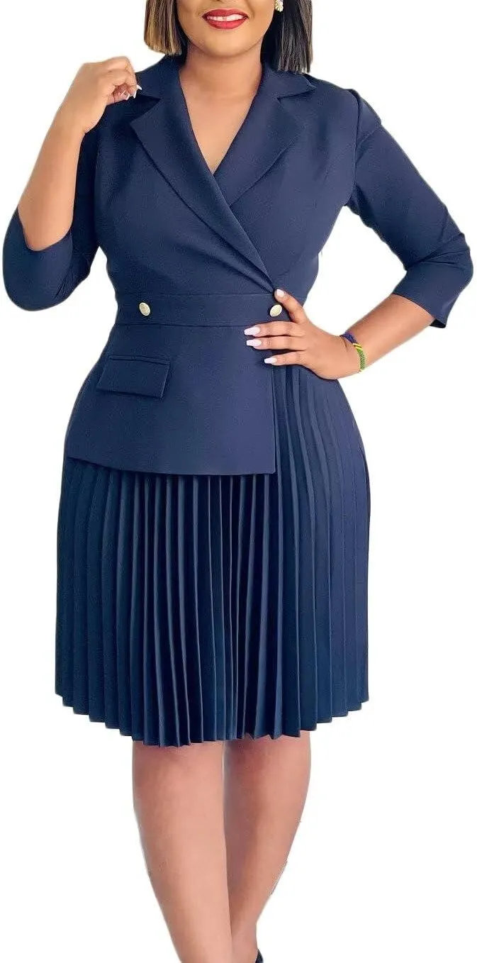 Women's Blazer Dress Office Midi Length Pleated Dresses Casual Office Work Dress