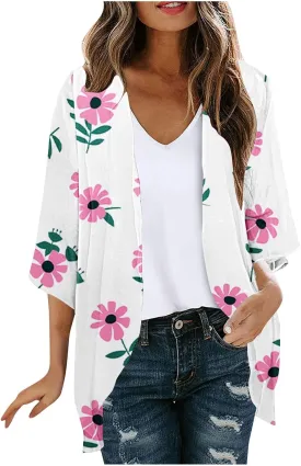 Womens Kimonos Floral Print Puff Sleeve Cardigan Loose Fit Beach Wear Cover Up Swimwear Casual Blouse Top Shirt