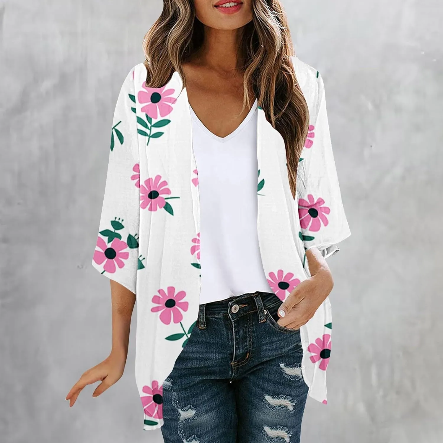 Womens Kimonos Floral Print Puff Sleeve Cardigan Loose Fit Beach Wear Cover Up Swimwear Casual Blouse Top Shirt