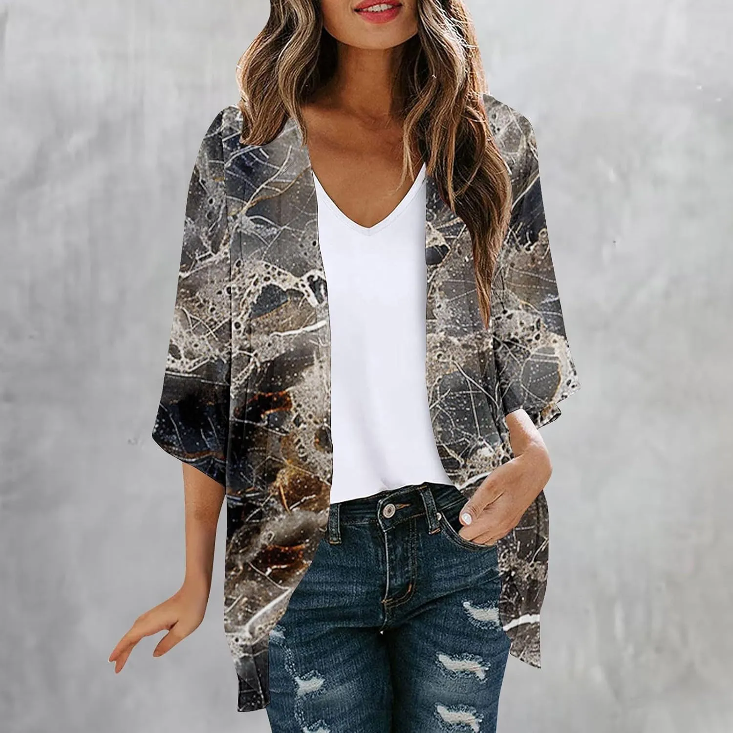 Womens Kimonos Floral Print Puff Sleeve Cardigan Loose Fit Beach Wear Cover Up Swimwear Casual Blouse Top Shirt