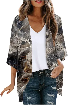 Womens Kimonos Floral Print Puff Sleeve Cardigan Loose Fit Beach Wear Cover Up Swimwear Casual Blouse Top Shirt