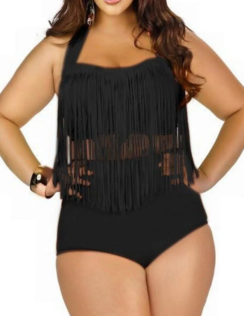 Womens Plus Size High Waist Fringe Swimwear Two Piece Swimsuit
