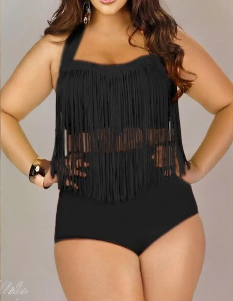 Womens Plus Size High Waist Fringe Swimwear Two Piece Swimsuit