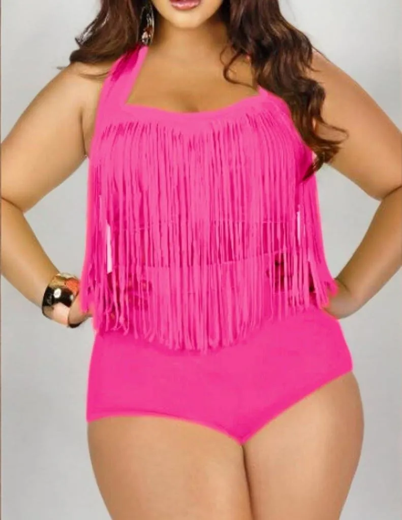 Womens Plus Size High Waist Fringe Swimwear Two Piece Swimsuit