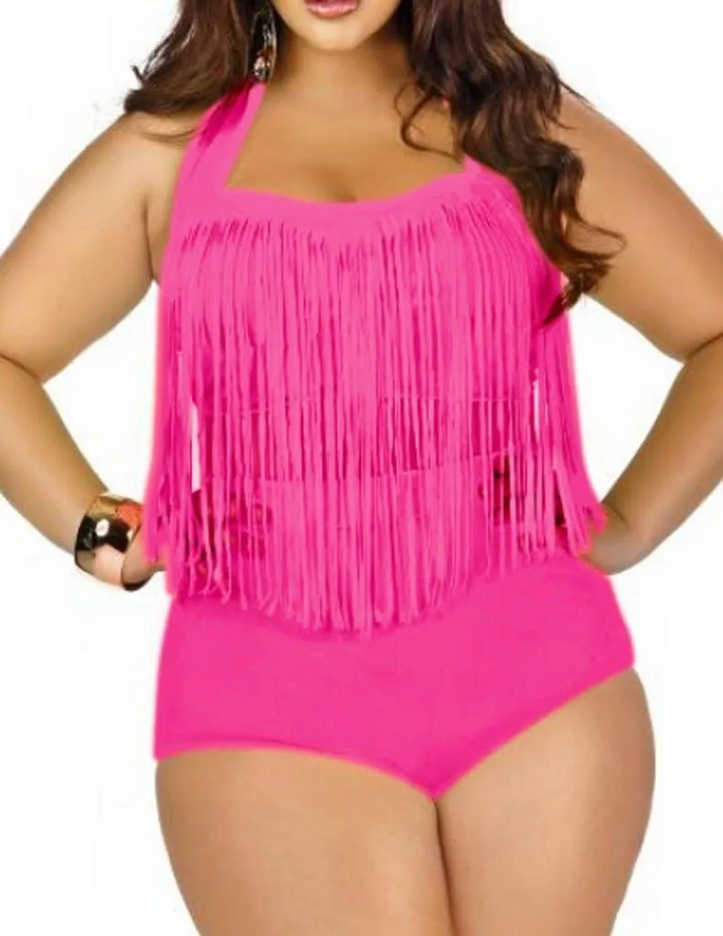 Womens Plus Size High Waist Fringe Swimwear Two Piece Swimsuit