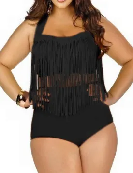 Womens Plus Size High Waist Fringe Swimwear Two Piece Swimsuit