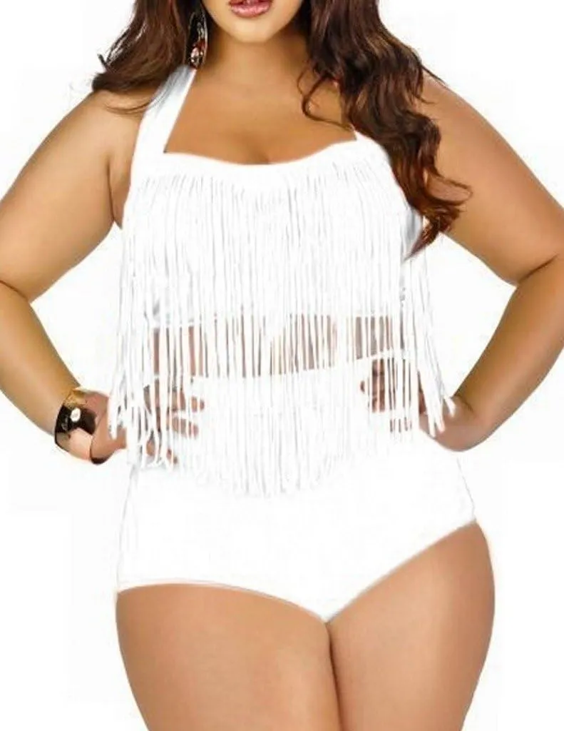 Womens Plus Size High Waist Fringe Swimwear Two Piece Swimsuit
