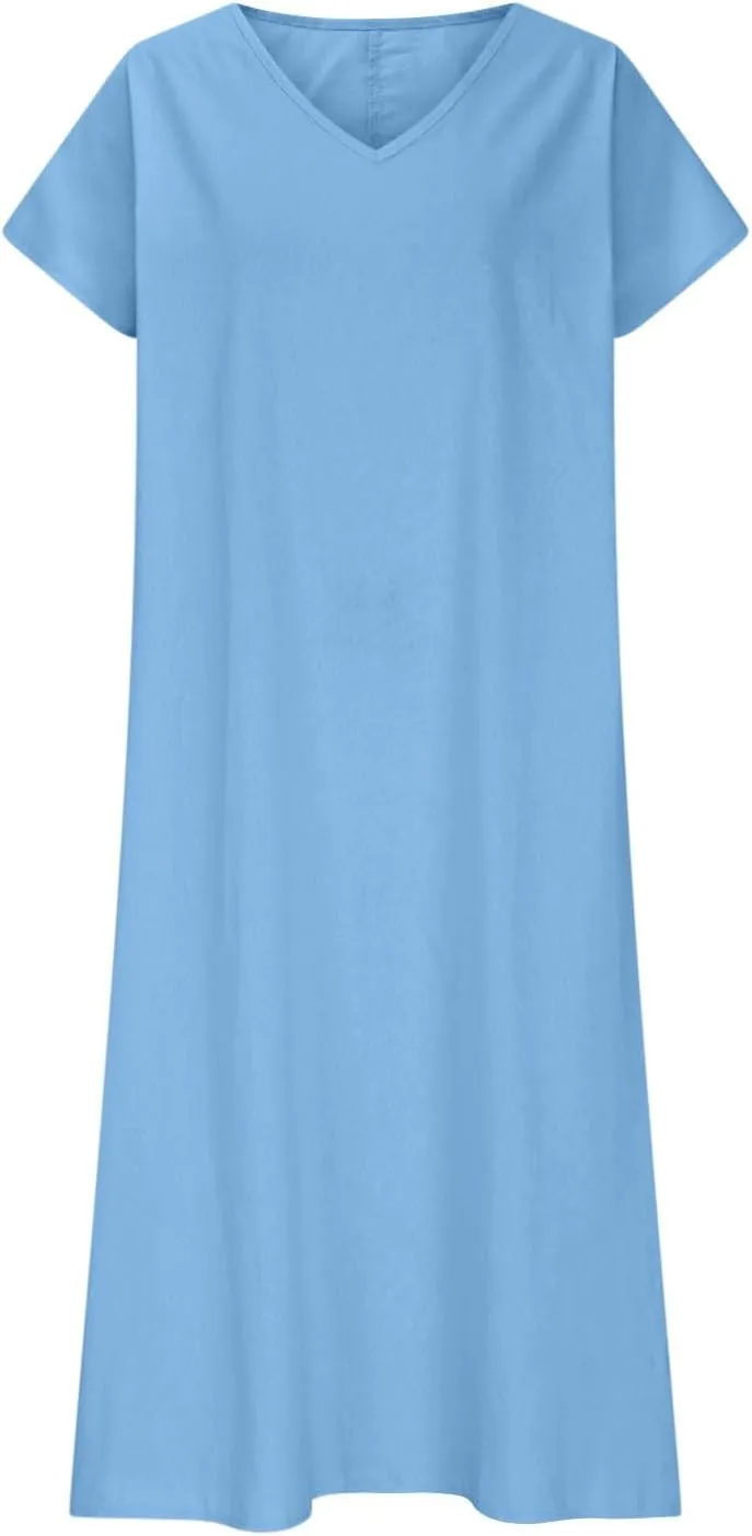 Women's Summer Dresses Short Sleeve V Neck Swing Solid Casual Loose Fit Tea Length Dress Beach Vacation Sundress