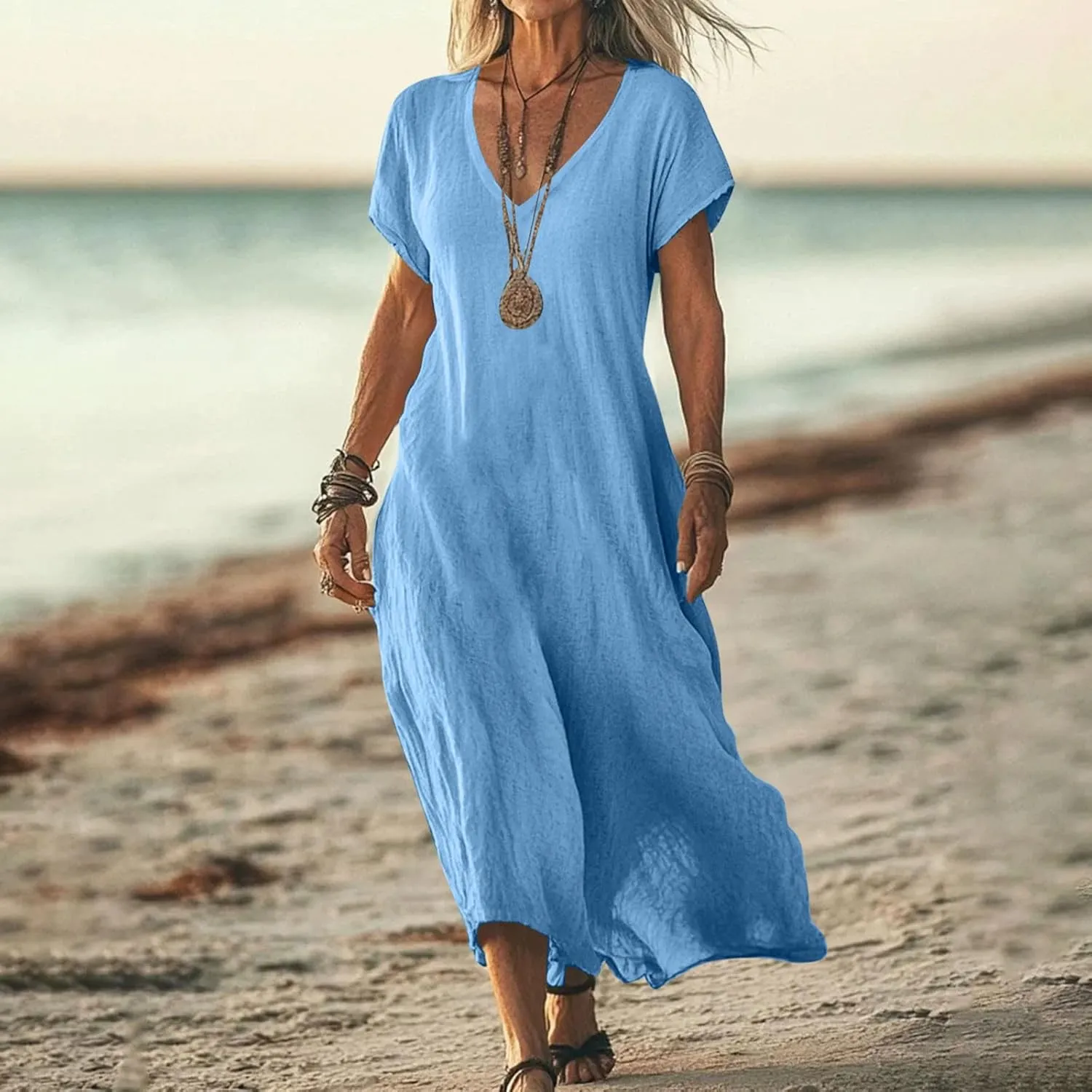 Women's Summer Dresses Short Sleeve V Neck Swing Solid Casual Loose Fit Tea Length Dress Beach Vacation Sundress