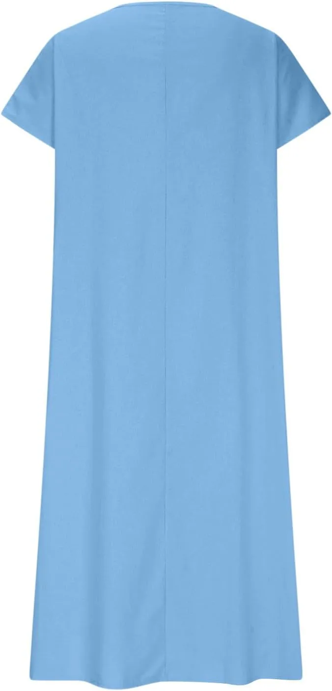 Women's Summer Dresses Short Sleeve V Neck Swing Solid Casual Loose Fit Tea Length Dress Beach Vacation Sundress