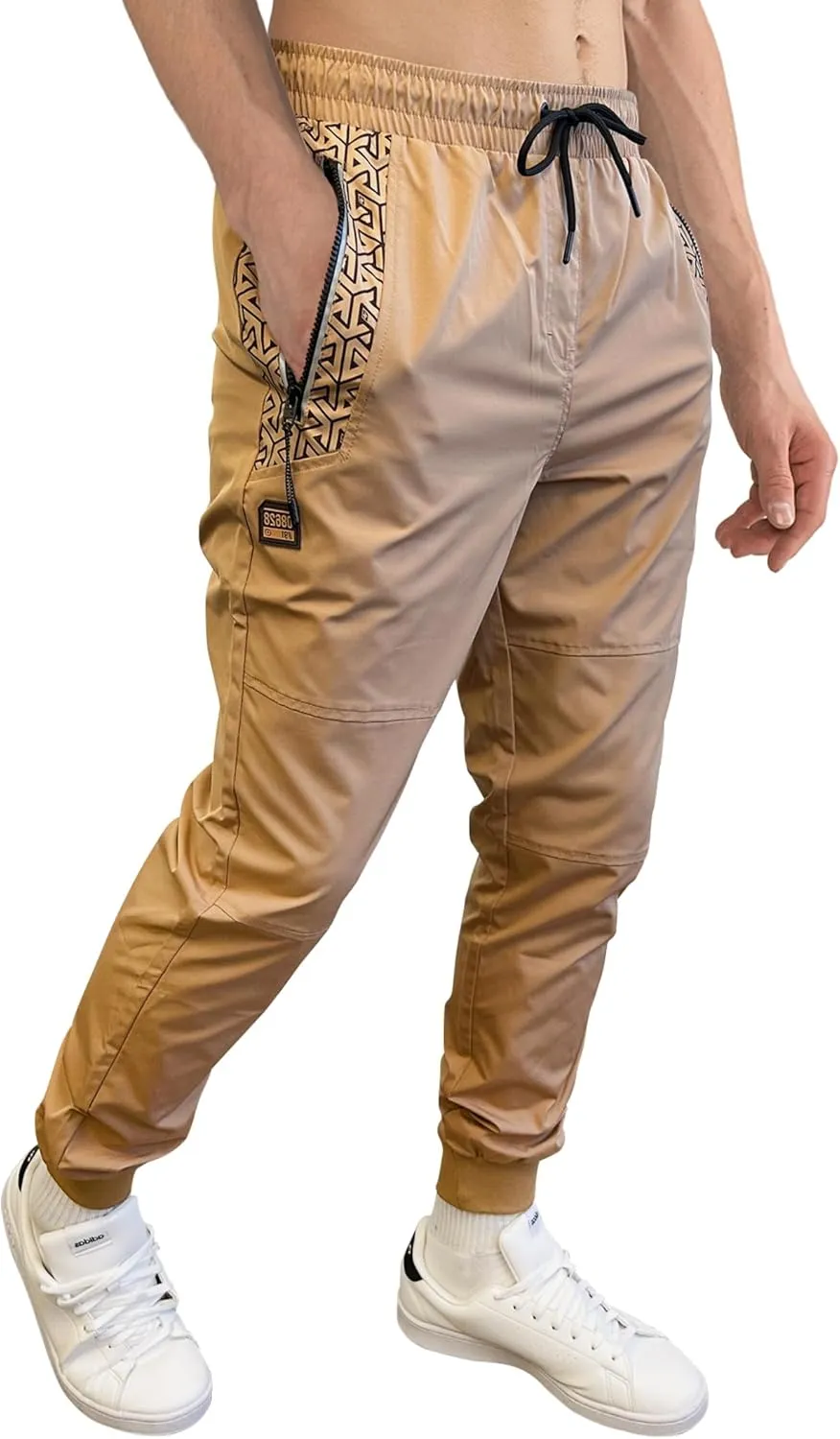WT02 Men's Quick Dry Tech Woven Nylon Jogger Pants, Monogram Print, Lightweight, Water Resistant