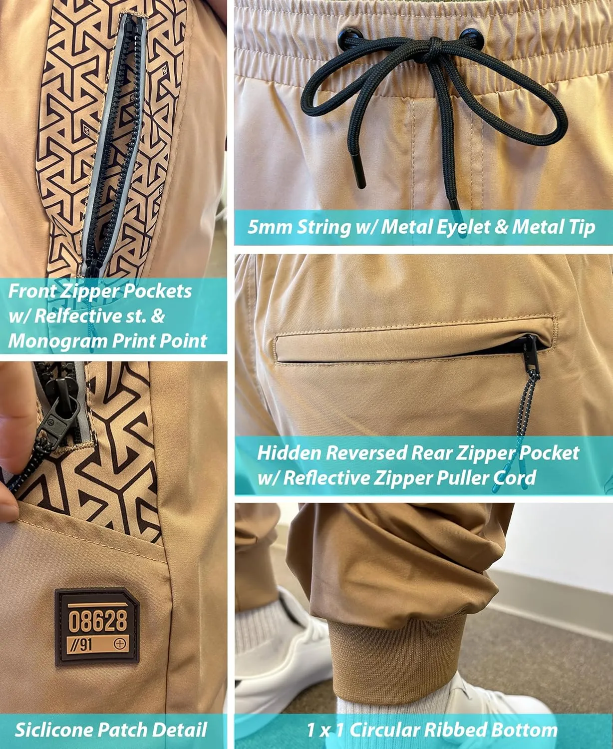 WT02 Men's Quick Dry Tech Woven Nylon Jogger Pants, Monogram Print, Lightweight, Water Resistant